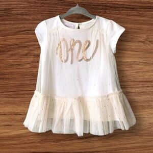 MUD PIE‎ First Birthday “One” Sequined Tunic / Top | Cream & Gold | 12-18 month